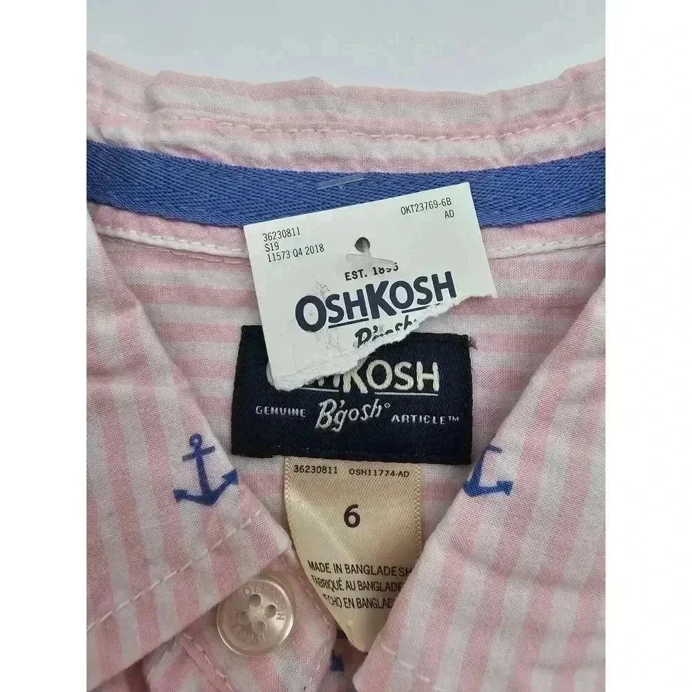 Osh Kosh Boy's Size 6 Pink Stripe with Blue Anchor Detail Long Sleeve Polo Shirt